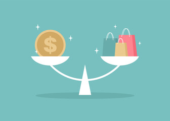 Big gold coin and shopping bags on the scales. Vector illustration in flat style