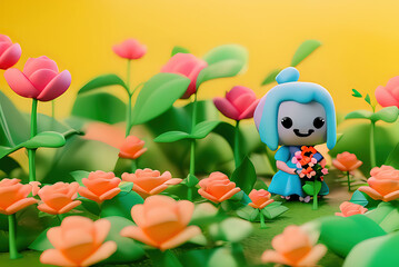 Tiny cute girl character harvesting flower in roses farm digital illustration