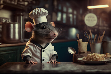 Portrait d'un chef rat dans les cuisines d'un restaurant » IA générative - obrazy, fototapety, plakaty