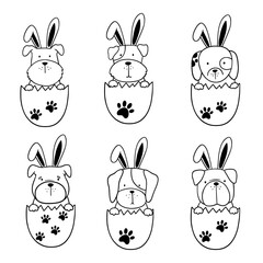 Set of Dogs Easter. Dog with rabbit ears and easter eggs. Easter Dog. Happy Easter card with dog wearing bunny ears. Good for posters, t shirts, postcards.