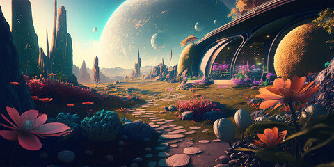 Colorful dreamland utopia scene background. Generative AI illustration.