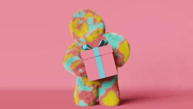 Cute plush rainbow Yeti with gift box 3d animation hairy character pink background. Faceless colorful furry bigfoot. Modern creative minimalist shop holiday sale design Contemporary advertising banner