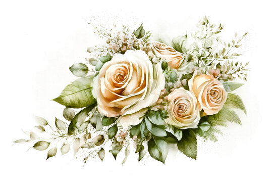 Watercolor rose flower vintage wedding bouquet, floral botanical invitation Generative AI