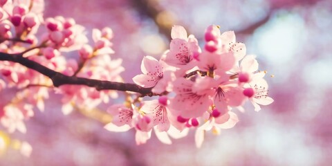 Spring white pink blossom tree blooming on nature with close up view and soft bokeh background, generated with AI