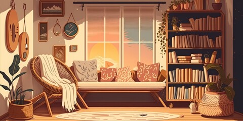 Fototapeta premium Boho and cozy interior of meditation room with beige chaise lounge, carpet, rattan commode, pillows, side table, decoration, books, carpet and personal accessories. Warm home decor. Template