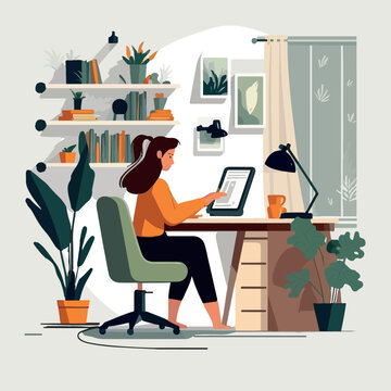 Young woman working on the computer desk cartoon vector illustration