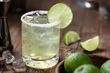Margarita cocktail with ice, lime and salt riim