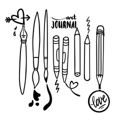 art journal writing painting equipment set graphic monochrome vector elements isolated on white background
