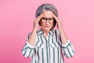 Photo of stressed depressed woman dressed smart casual outfit hands arms head having pain isolated pink color background