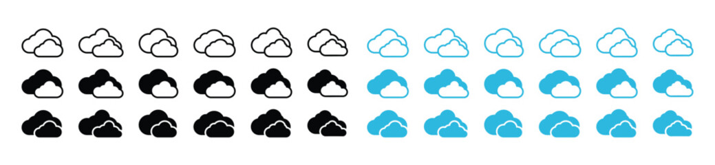 Cloud icons set. Cumulus cloud in line and flat style. Weather cloud shapes in minimalist style for apps and websites, vector illustration