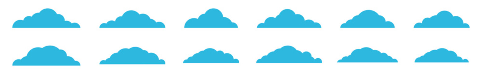 Blue cloud icons set. Cumulus cloud in line and flat style. Weather cloud shapes or blue sky symbol collection for apps and websites, vector illustration