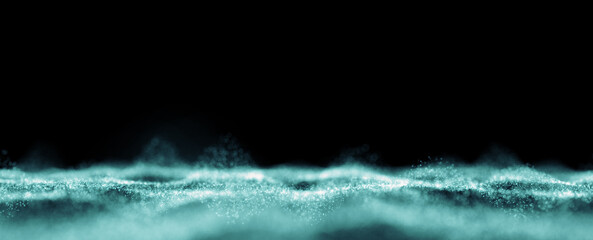 Artistic waves with particles on black copy space illustration background.