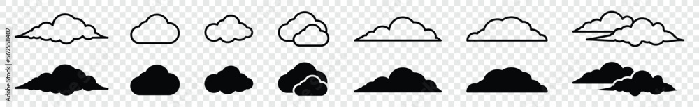 Poster cloud icons set on transparent background. cumulus cloud in line and flat style. weather cloud shape