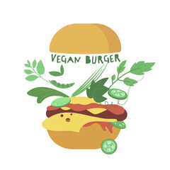 Plant based protein concept. Vegetarian hamburger. Vector illustration