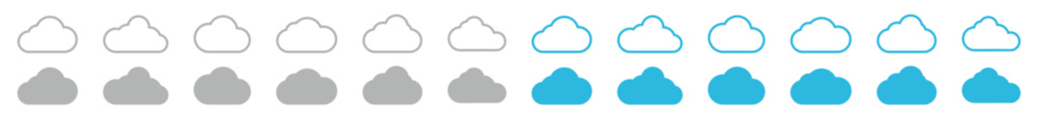 Blue cloud and overcast cloud icons set. Cumulus cloud in line and flat style. Weather cloud shapes or blue sky symbol collection for apps and websites, vector illustration
