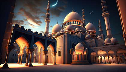 illustration of Ramadan with beautiful mosque and crescent moon. Generative AI.