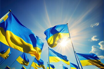 Glory to Ukraine Many blue and yellow Ukrainian flag . AI generated art illustration. 