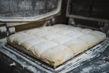 Shot of divided bread dough in a mechanic divider machine in a bakery