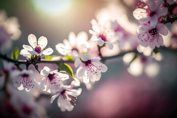 Obraz premium Cherry blossom close up, blur Spring orchard background. Generative AI