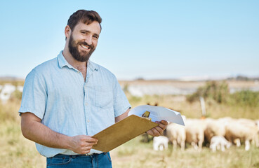 Farmer, portrait or clipboard paper on livestock agriculture, countryside environment or nature in...