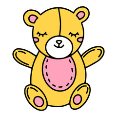 Cute illustration of a yellow teddy bear toy with a smile in the style of a hand-drawn cartoon