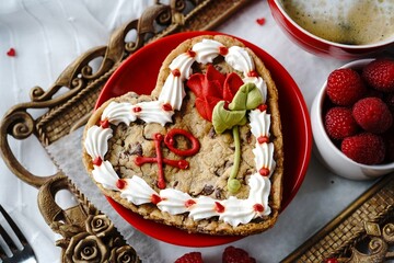 Breakfast in bed setting with heart shaped cookie cup of coffee fresh raspberries currants served in a tray | Valentines day morning