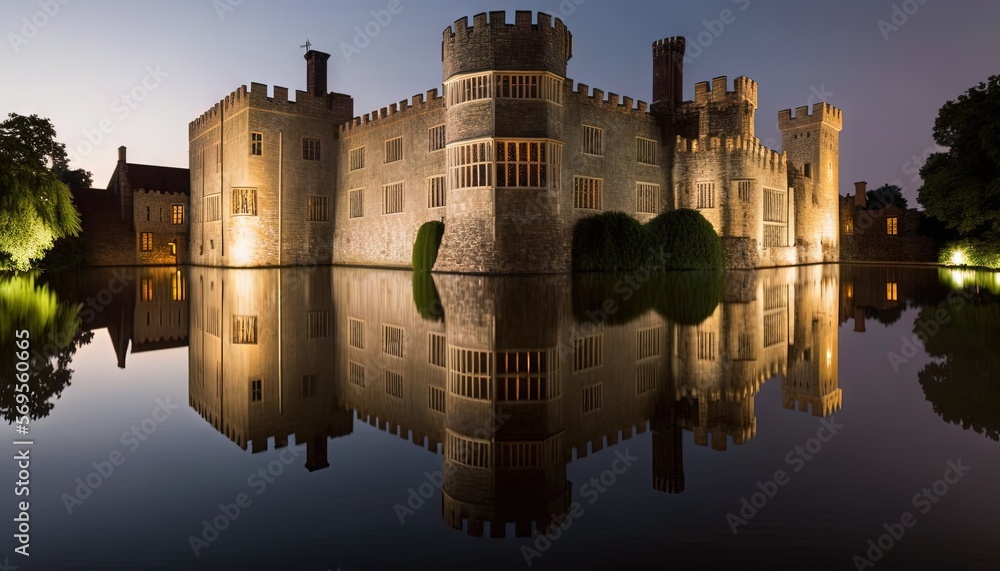 Poster a castle with a reflection of it in the water at night with lights on the windows and a reflection o