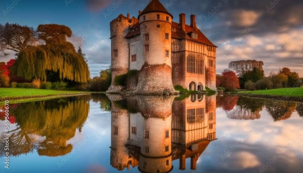 Poster a castle sitting on top of a lush green field next to a lake in front of a cloudy sky with a reflect