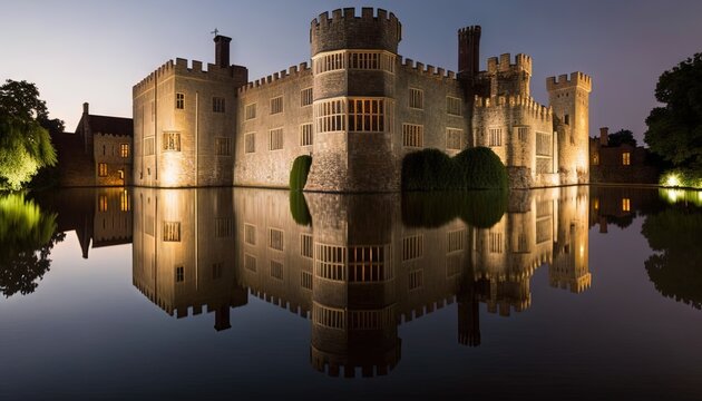  a castle with a reflection of it in the water at night with lights on the windows and a reflection of the building in the water. Generative AI