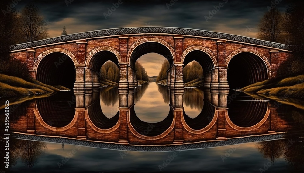 Poster a painting of a bridge over a body of water with trees on both sides of the bridge and the reflectio
