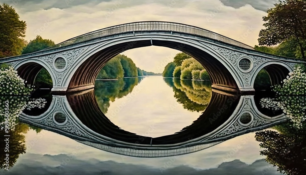Poster a painting of a bridge over a body of water with trees on both sides of the bridge and a cloudy sky 