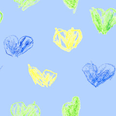 Seamless Pattern With Colored Kid's Crayon Hand Drawn Hearts