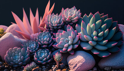Pink and blue succulents nestled between rocks