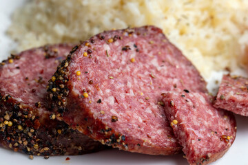 Cooked cooked crumbly rice with sausage