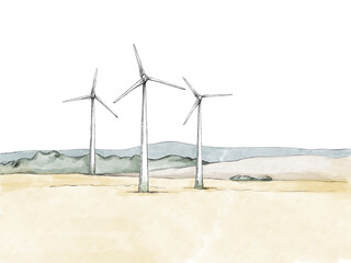 Drei Windräder in offener Landschaft