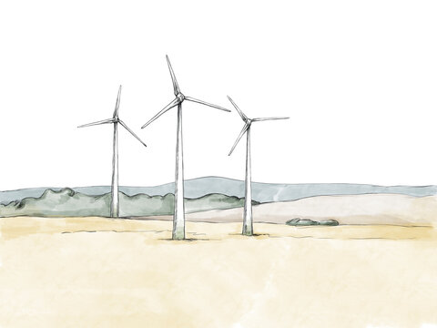 Drei Windräder in offener Landschaft