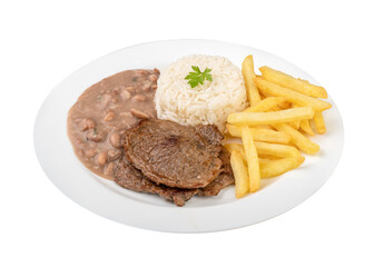 Beef, rice, beans and french fries. Typical brazilian executive dish isolated over white background