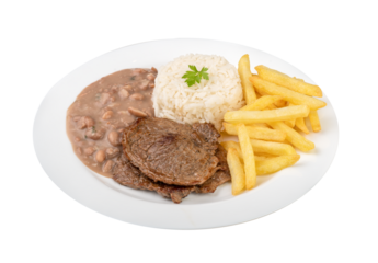 Beef, rice, beans and french fries. Typical brazilian executive dish isolated over white background