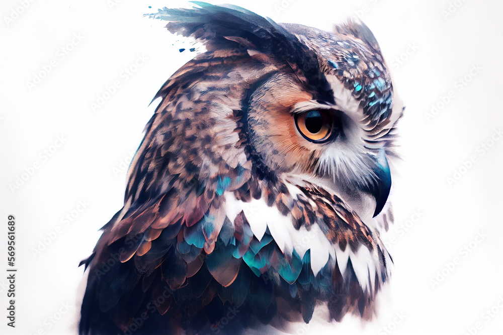 Poster wild beautiful owl double exposure with inks and splatters on white background. digitally generated 