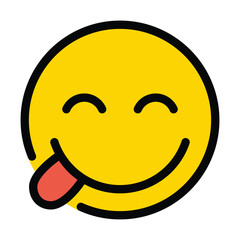 Face Food delicious vector icon. Isolated yellow face with smiling eyes and a broad, closed smile with its tongue sticking out of one corner, as if licking its lips in appetite or contentment.