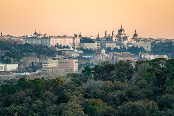 Panoramic view of the city of Madrid during a sunset, roofs and skyline	
