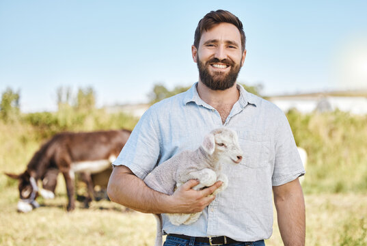 Farmer, portrait or baby lamb on livestock agriculture, countryside environment or nature in sheep growth management. Happy, farming or man and mutton animals, pet safety or veterinary life insurance