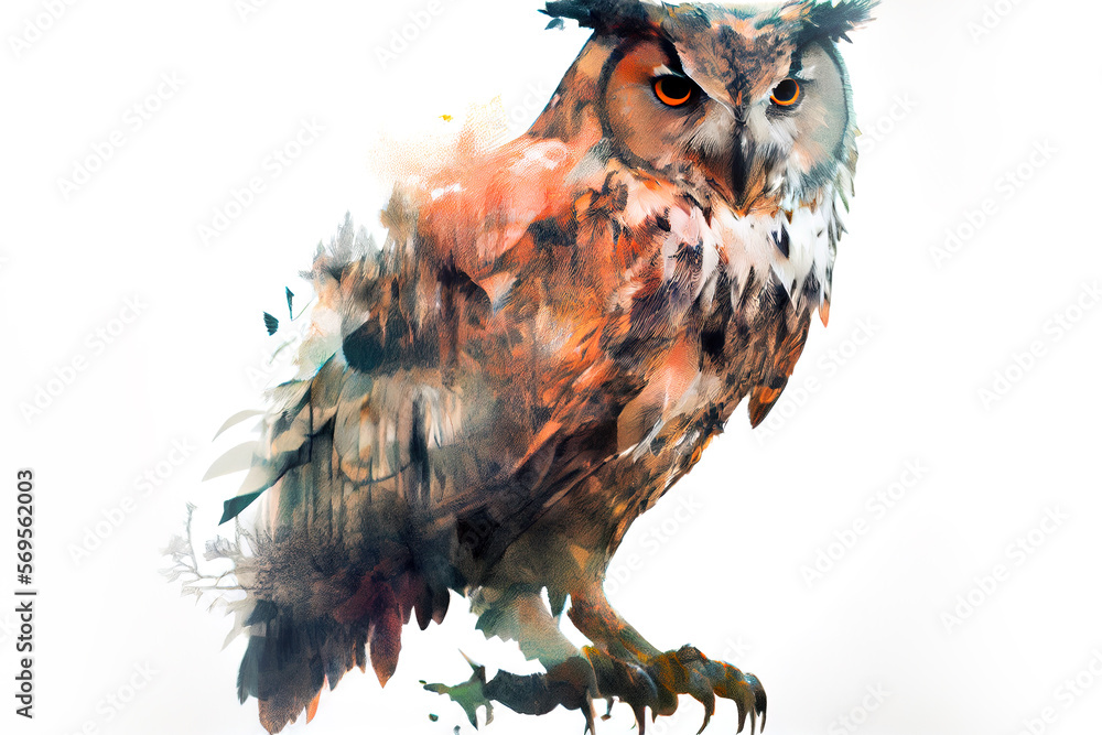 Poster wild beautiful owl double exposure with inks and splatters on white background. digitally generated 