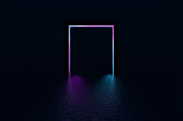 Neon portal reflecting in the liquid surface. Cyberpunk dark 3D rendering