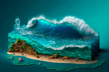 isometric 3d illustration, ocean, sea isometric, generative ai