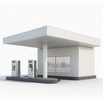 Detailed illustration of a modern gas station exterior with store kiosk and gas pumps, petrol filling station isolated on a white background, generative ai