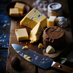 Butter boards and chocolate on a wooden board