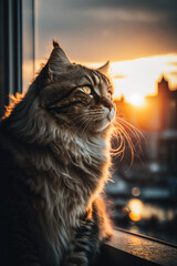 cat on the window at sunset