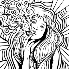 Black and white psychedelic line art with the abstract smoking woman. Cigarette illustration. Doodles and lines abstract hand-drawn vector art.