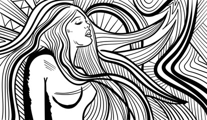 Black and white psychedelic line art with the abstract woman. Doodles and lines abstract hand-drawn vector art.